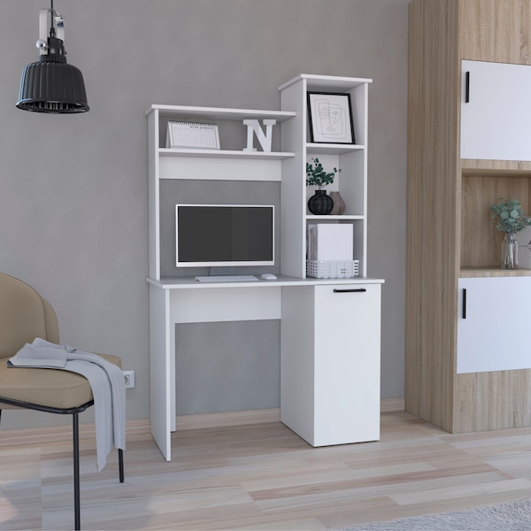 Carson Computer Desk With Hutch. Single Door Cabinet.  And 3-Tier Storage Shelves-White